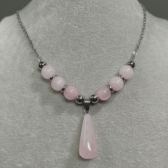 Rose Quartz Beaded Necklace Natural Gemstone Crystal Pendant Stainless-Steel - Picture 9 of 14